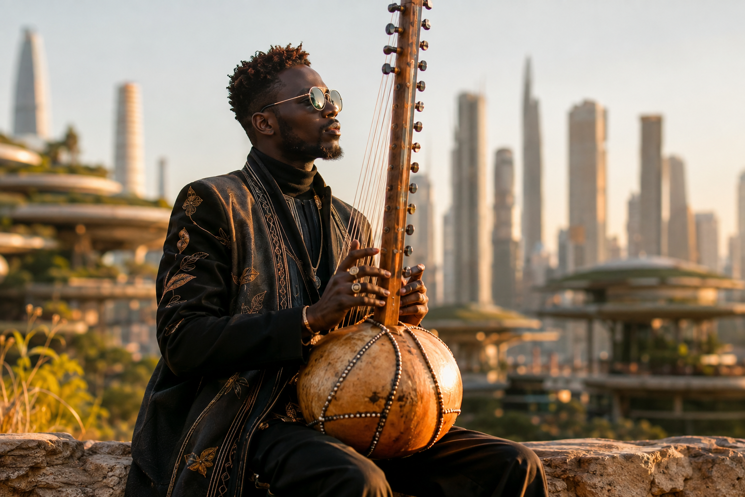 Artiste africain contemporain dans un univers afrofuturiste au coucher du soleil