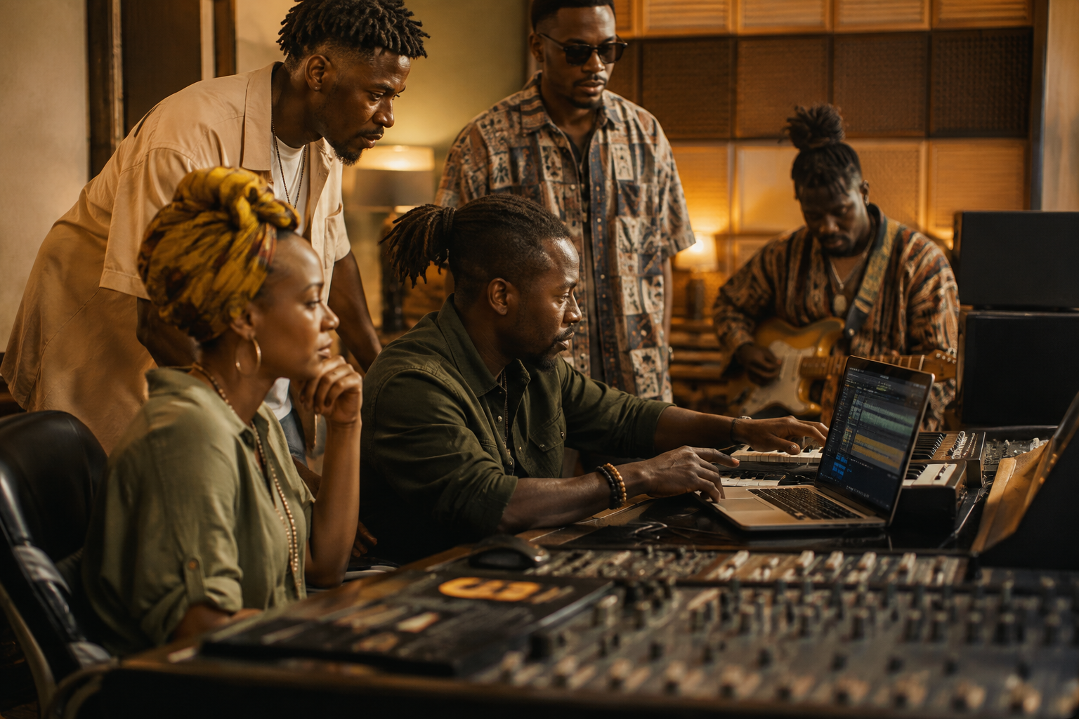 Musiciens et professionnels réunis en studio autour de la création musicale guinéenne contemporaine